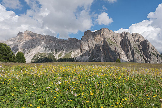 意大利多洛米蒂著名景点刀锋山山顶草原风光和悬崖的壮丽景色