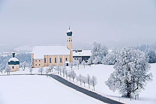 教堂,冬天,风景,白霜,霜,山,伊尔申伯格,巴伐利亚,德国,欧洲