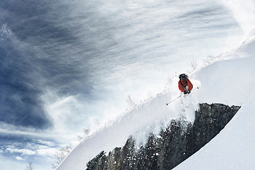 男性,滑雪,半空,陡峭,积雪,山,隆河阿尔卑斯山省,法国
