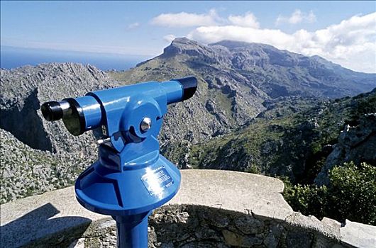 蓝色,投币式,望远镜,正面,山脉全景,瞭望点,山脉,西北地区,海岸,马略卡岛,巴利阿里群岛,西班牙,欧洲