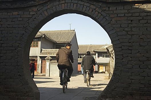 中国,北京,庙宇,位置,两个,骑车,骑,拱形,入口