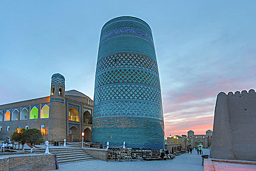 乌兹别克斯坦,区域,希瓦,尖塔,日落