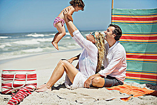 伴侣,玩,女儿,海滩