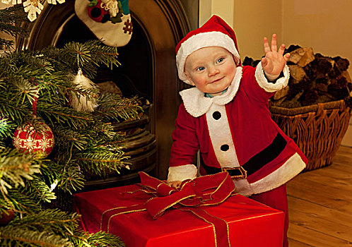 婴儿,圣诞老人,站立,靠近,礼物