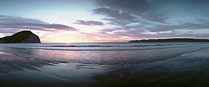 新西兰,海滩,日落,全景
