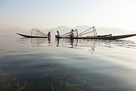三个,渔民,传统,渔网,船,湖
