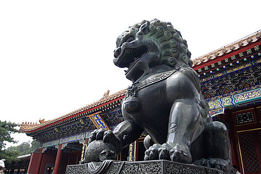 北京颐和园的古代建筑,及建筑前的石头狮子