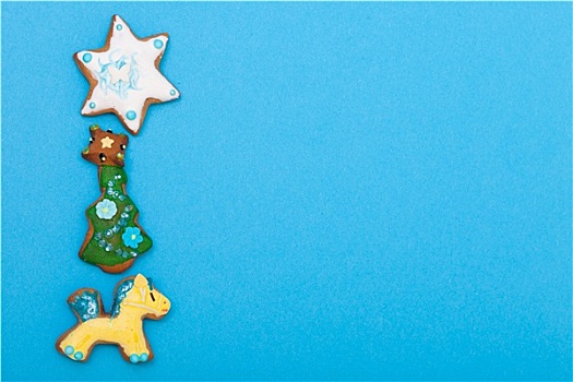 姜饼,蛋糕,小马,圣诞树,星,糖衣,装饰,蓝色背景