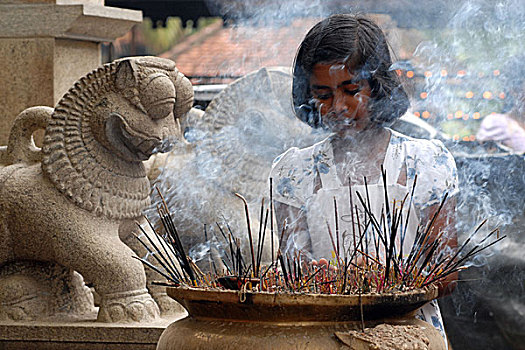 女孩,给,香,庙宇,斯里兰卡,十月,2007年