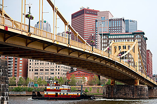 拖船,立交桥,河,市区,匹兹堡