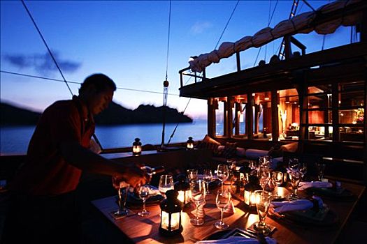 印度尼西亚,群岛,游轮,船,美好,传统,帆船,船舱,室内,用餐,准备