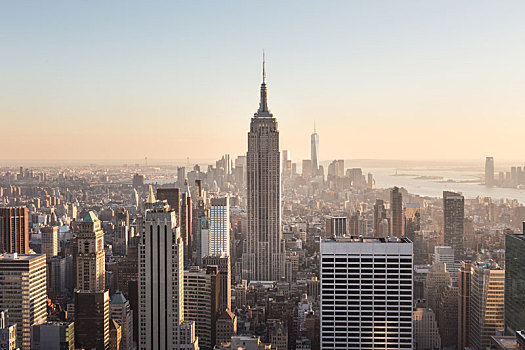 纽约,曼哈顿,市区,天际线,日落