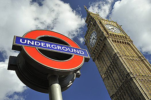 英格兰,伦敦,威斯敏斯特,伦敦地铁标志,靠近,大本钟