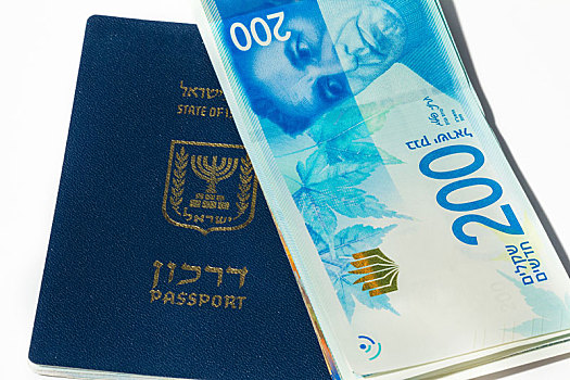 一堆,以色列,钱,钞票,护照,俯视