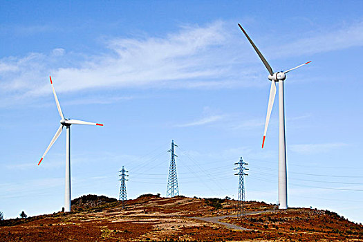 风轮机,电线塔,高原,马德拉岛,葡萄牙,欧洲