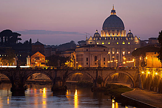 河,台伯河,圣彼得大教堂,梵蒂冈城,罗马,黄昏