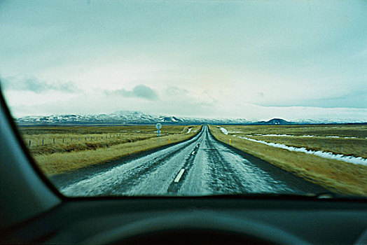 笔直,乡村道路,汽车,风档玻璃,韦斯特兰德,冰岛