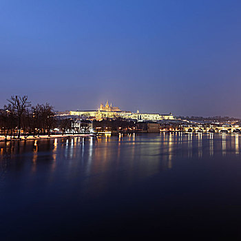 城市,夜晚,反射,水中