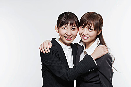 两个,年轻,亚洲人,职业女性,搂抱