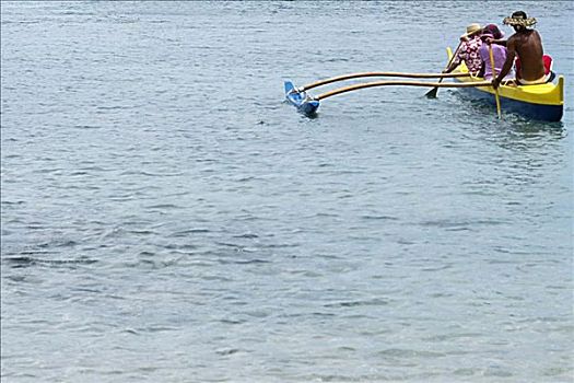 三个人,独木舟,海中,纪念建筑,科纳海岸,夏威夷,美国