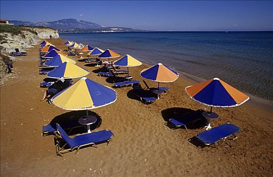 遮阳伞,沙滩椅,海滩,岛屿,凯法利尼亚岛,希腊,欧洲