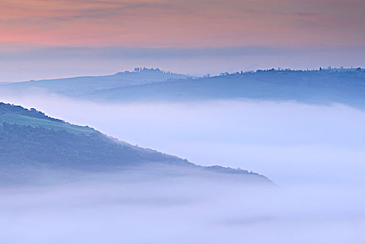 晨雾,山,托斯卡纳,圣奎里克,意大利,欧洲