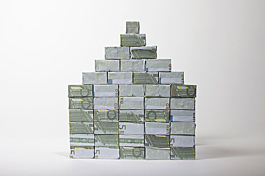 五个,欧元,货币,折叠,长方形,盒子,一堆,金字塔