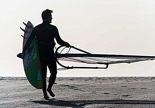一个,男人,走,海滩,风筝,冲浪板,安达卢西亚,西班牙