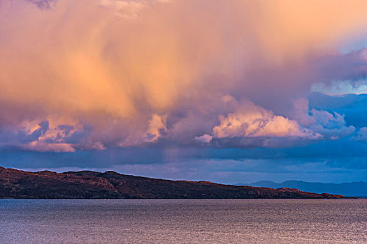 云,日落,上方,海洋,斯凯岛,苏格兰,英国