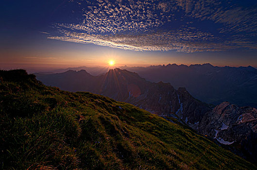 山,全景,日落,克莱恩瓦泽泰,阿尔卑斯山,奥地利,欧洲