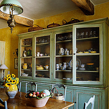 厨房,灯光,蓝色,旧式,柜橱