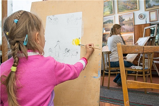 女孩,母亲,学习,绘画,艺术家,工作室