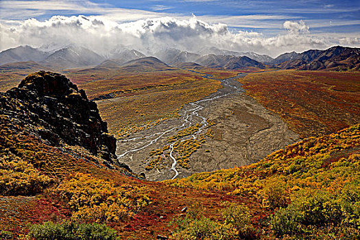 北美,美国,阿拉斯加,德纳里峰国家公园,阿拉斯加山脉,冰河,山谷,多彩