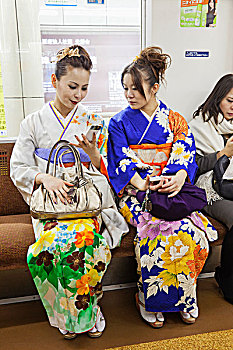 日本,东京,女孩,和服,地铁