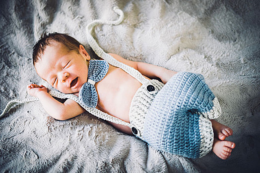 婴儿,男孩,睡觉,蓝色,灰色,编织,领结,裤子,葡萄牙,欧洲