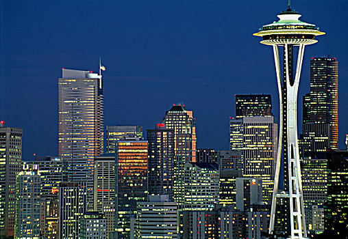 天际线,西雅图,太空针,右边,夜晚,华盛顿,美国