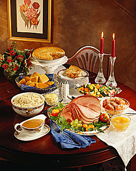 假日,餐饭,菜单,火腿,蔬菜,面包,馅饼