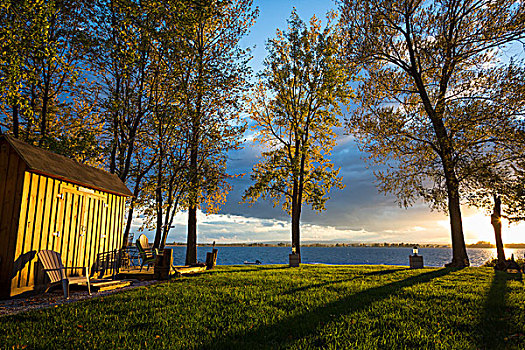 宽木躺椅,湖岸,屋舍,纽约,美国