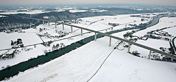 航拍,桥,高速公路,雪,区域,北莱茵威斯特伐利亚,德国,欧洲