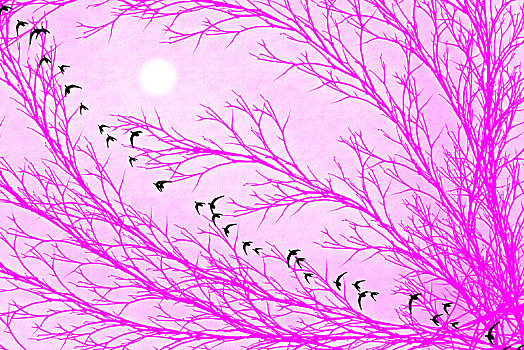 月上树梢,群鸟归巢,创意水彩背景素材