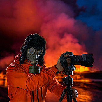 摄影师,穿,防毒面具,正面,发光,火山岩,火山,喷发,冰岛