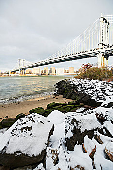 雪,水岸,布鲁克林大桥,公园,看,曼哈顿大桥,纽约,美国