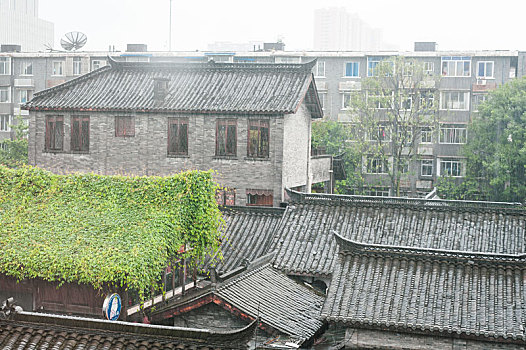 成都宽窄巷子雨天古典建筑的屋顶