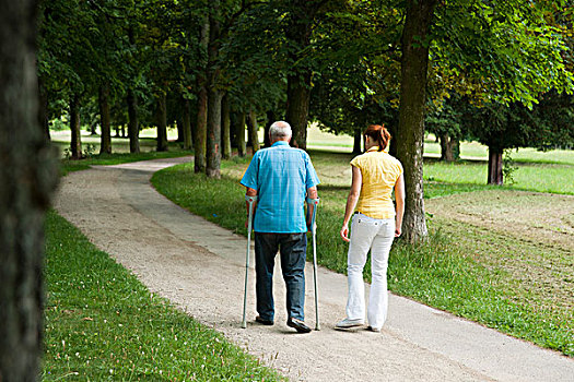 女人,老人,男人,拐杖,漫步,公园
