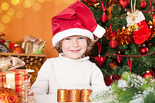 高兴,孩子,帽子,圣诞树,装饰