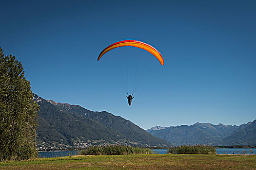 滑翔伞,飞行,滑伞运动,愉悦,度假,马焦雷湖,中心,高山湖,洛迦诺,瑞士,海滩,提契诺河
