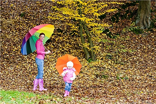 母亲,女儿,伞,秋天,自然