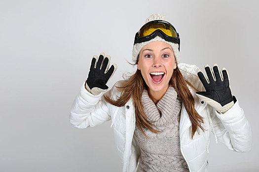 高兴,女人,滑雪,装束,展示,抬手