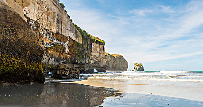 砂岩,石头,高耸,海洋,隧道,海滩,奥塔哥,南岛,新西兰,大洋洲
