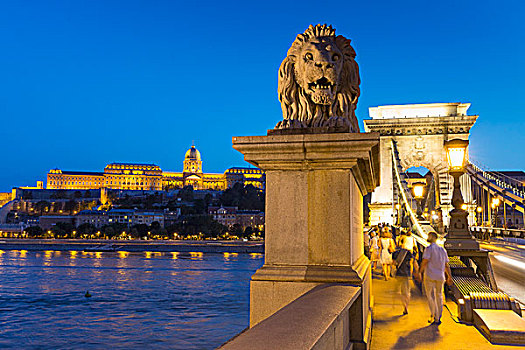 链索桥,狮子,雕塑,黃昏,风景,城堡,布达佩斯,匈牙利